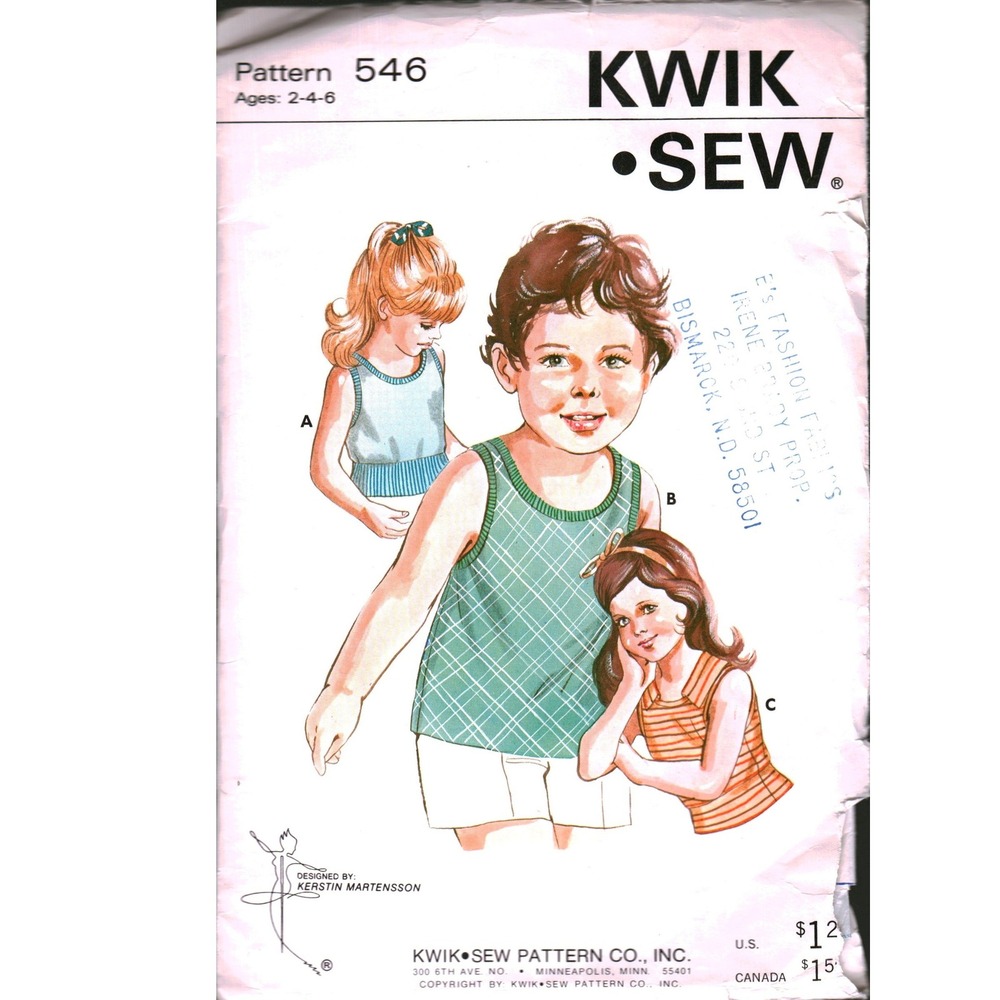 Kwik Sew 546 Vintage Girls Sleeveless Pullover‎ Top Sewing Pattern Size 2-4-6